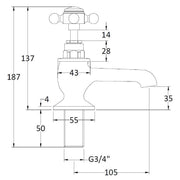 Hudson Reed Topaz with Crosshead Bath Pillar Taps & Hexagonal Collar - White BC302HX - Technical drawing