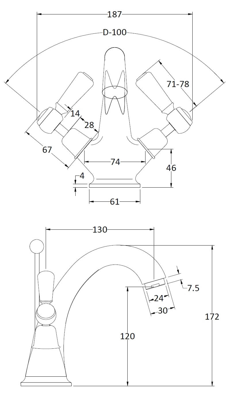 Hudson Reed Topaz with Lever Mono Basin Mixer & Domed Collar - Black BC405DL - Technical drawing