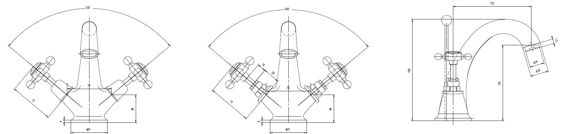 Hudson Reed Brass Topaz With Crosshead Mono Basin Mixer - Brushed Brass - Technical drawing