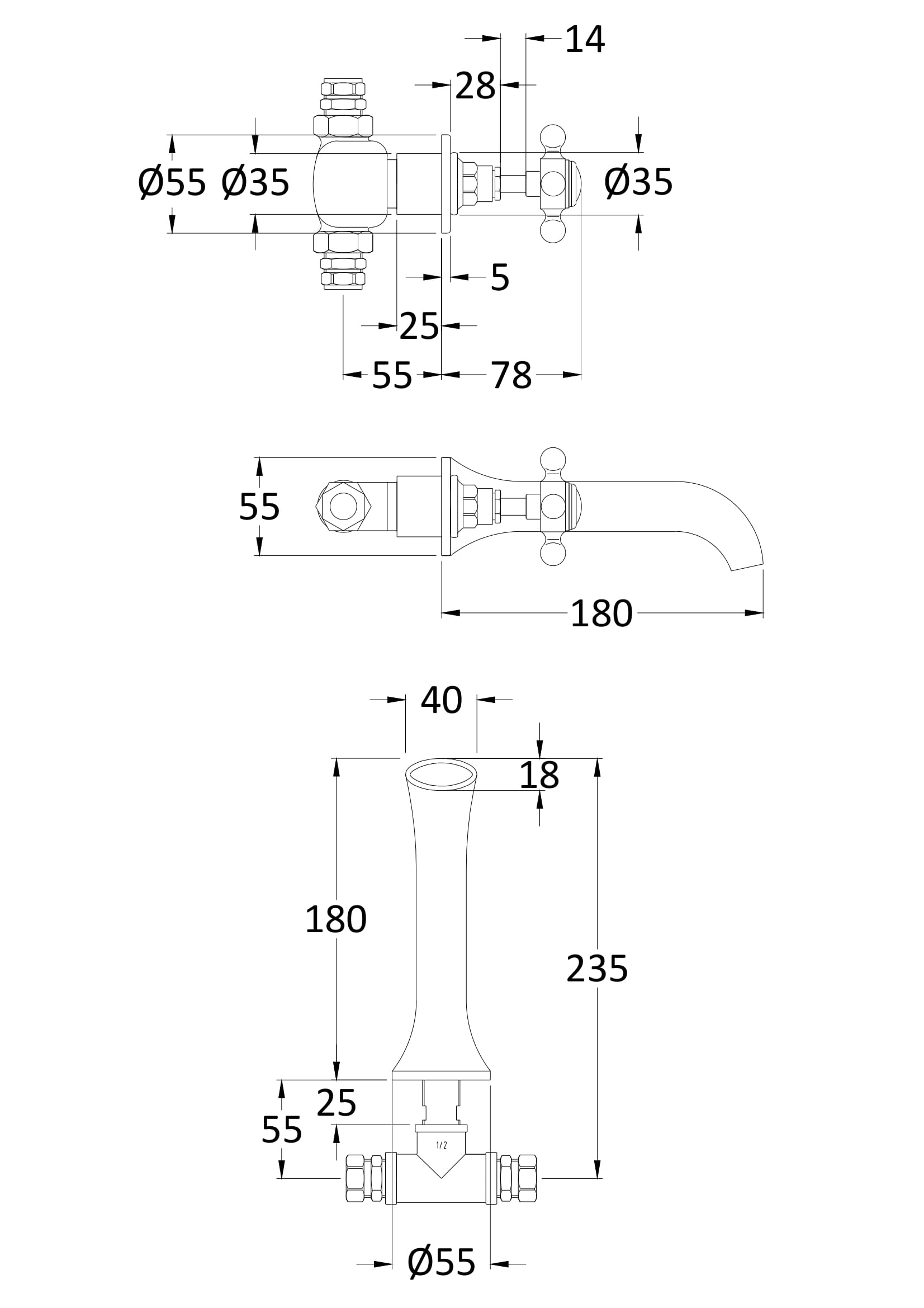 Hudson Reed Brass Topaz With Crosshead 3 Tap Hole Wall Mounted Basin Mixer - Brushed Brass - Technical drawing