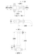 Hudson Reed Brass Topaz With Crosshead 3 Tap Hole Wall Mounted Basin Mixer - Brushed Brass - Technical drawing
