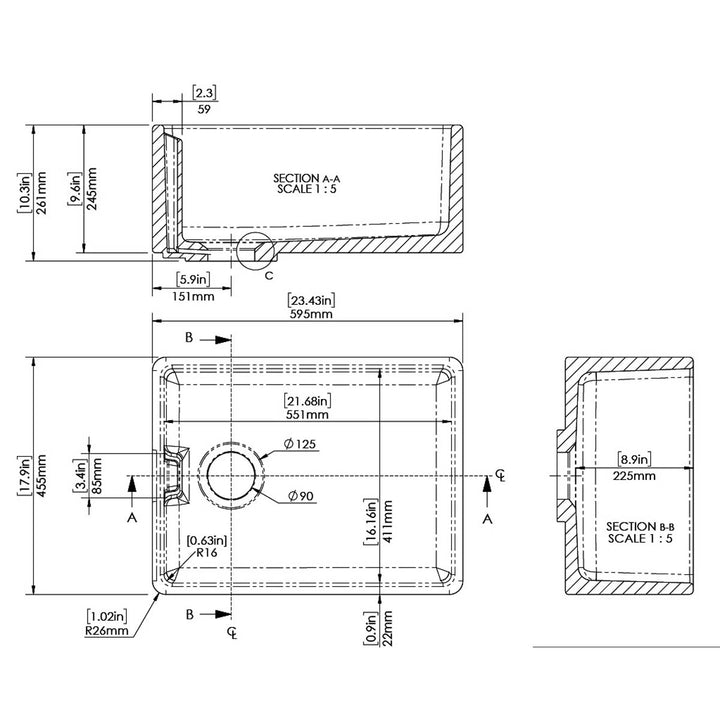 Nuie 595x455x254mm Belfast Sink - White
