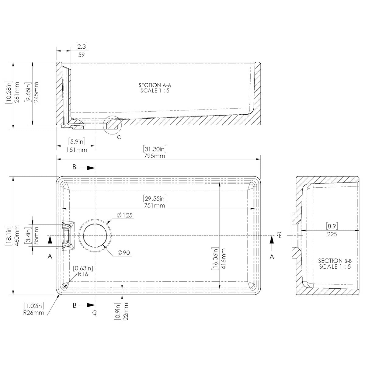 Nuie 795x460x245mm Belfast Sink - Technical drawing