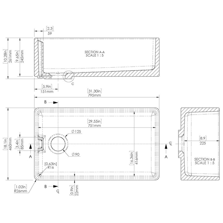 Nuie 795x460x245mm Belfast Sink