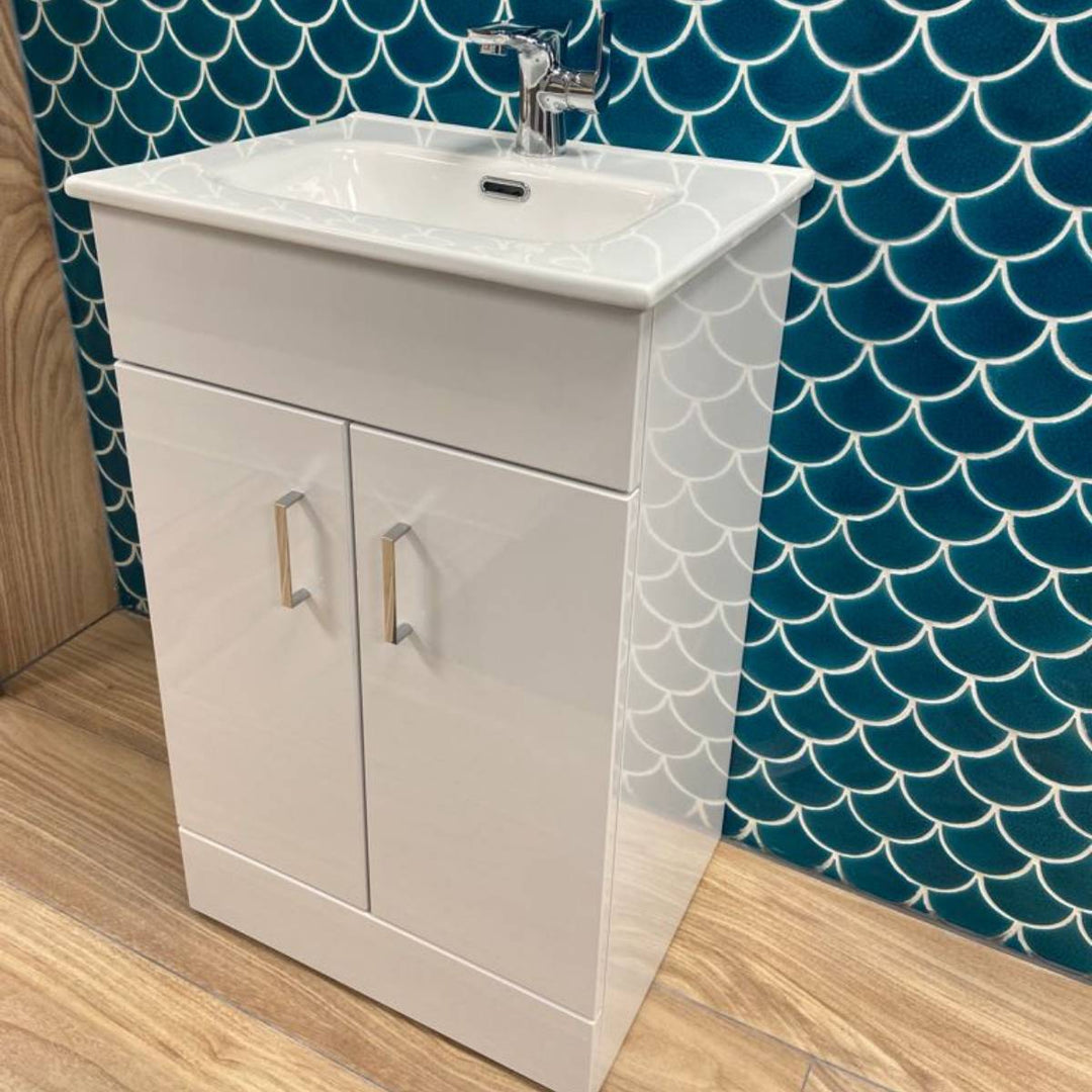Bergo 500mm Floor Standing Vanity Unit &amp; Minimalist Basin - Gloss White