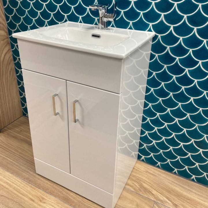Bergo 500mm Floor Standing Vanity Unit &amp; Minimalist Basin - Gloss White