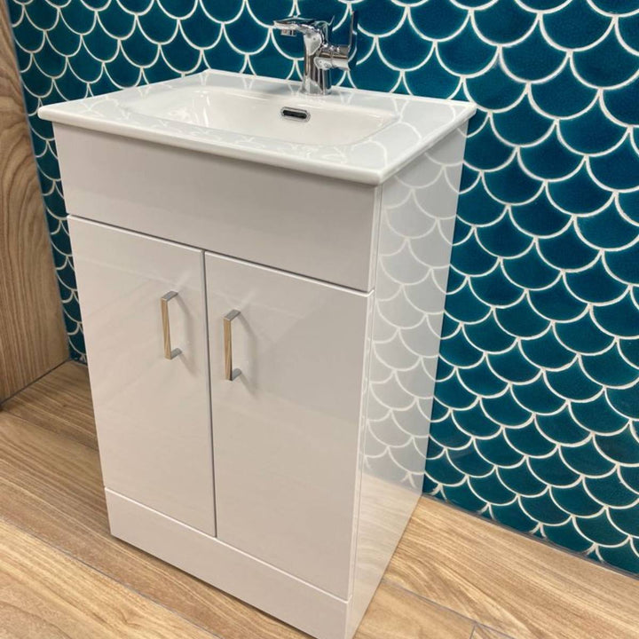 Bergo 500mm Floor Standing Vanity Unit &amp; Minimalist Basin - Gloss White