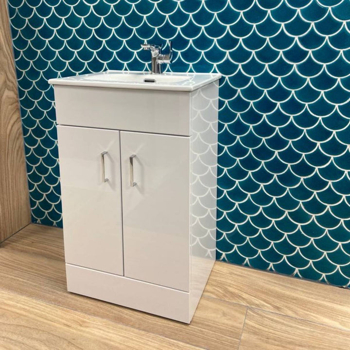 Bergo 500mm Floor Standing Vanity Unit &amp; Minimalist Basin - Gloss White