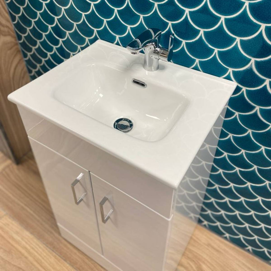 Bergo 500mm Floor Standing Vanity Unit &amp; Minimalist Basin - Gloss White