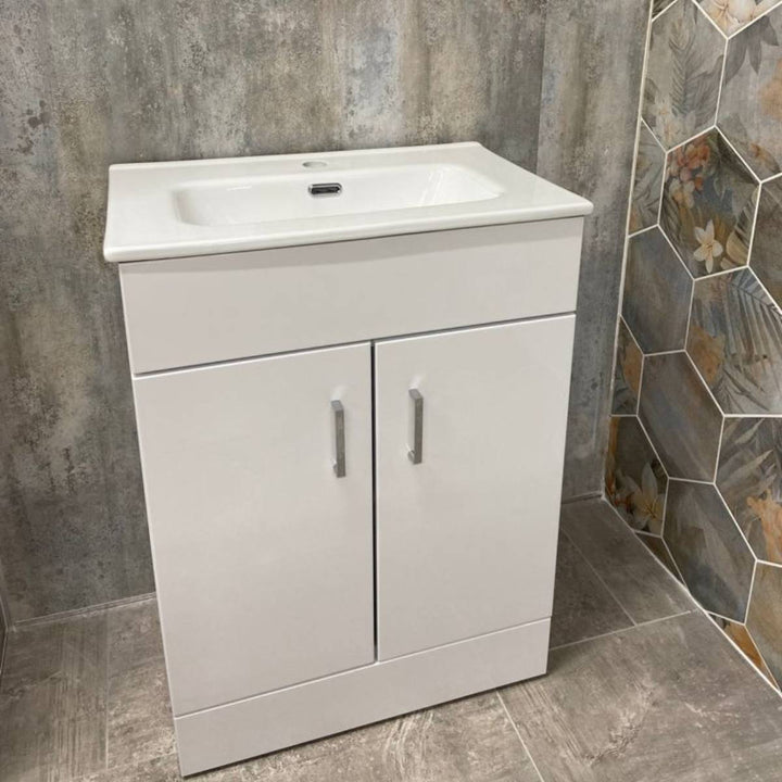 Bergo 600mm Floor Standing Vanity Unit &amp; Minimalist Basin - Gloss White