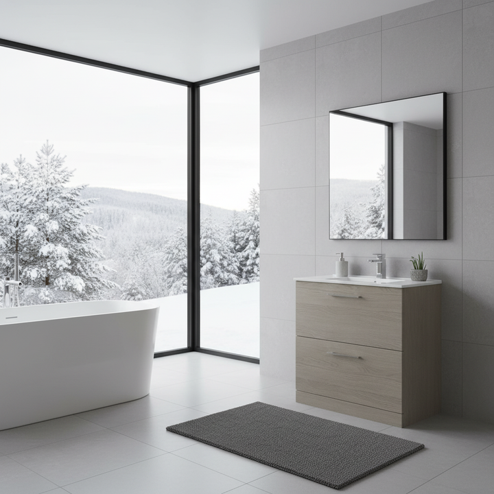Nuie Arno 800mm Floor Standing Double Drawer Vanity Unit &amp; Minimalist Basin - Solace Oak