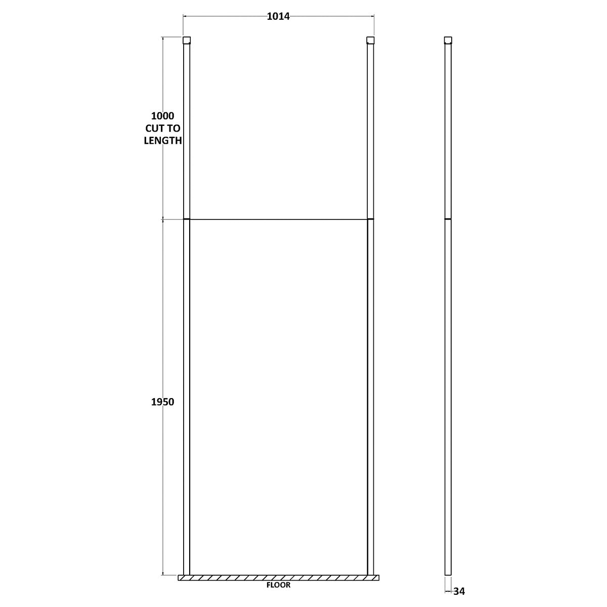 Hudson Reed 1000mm Wetroom Screen with Ceiling Post - Black BGPCP10 - Technical drawing
