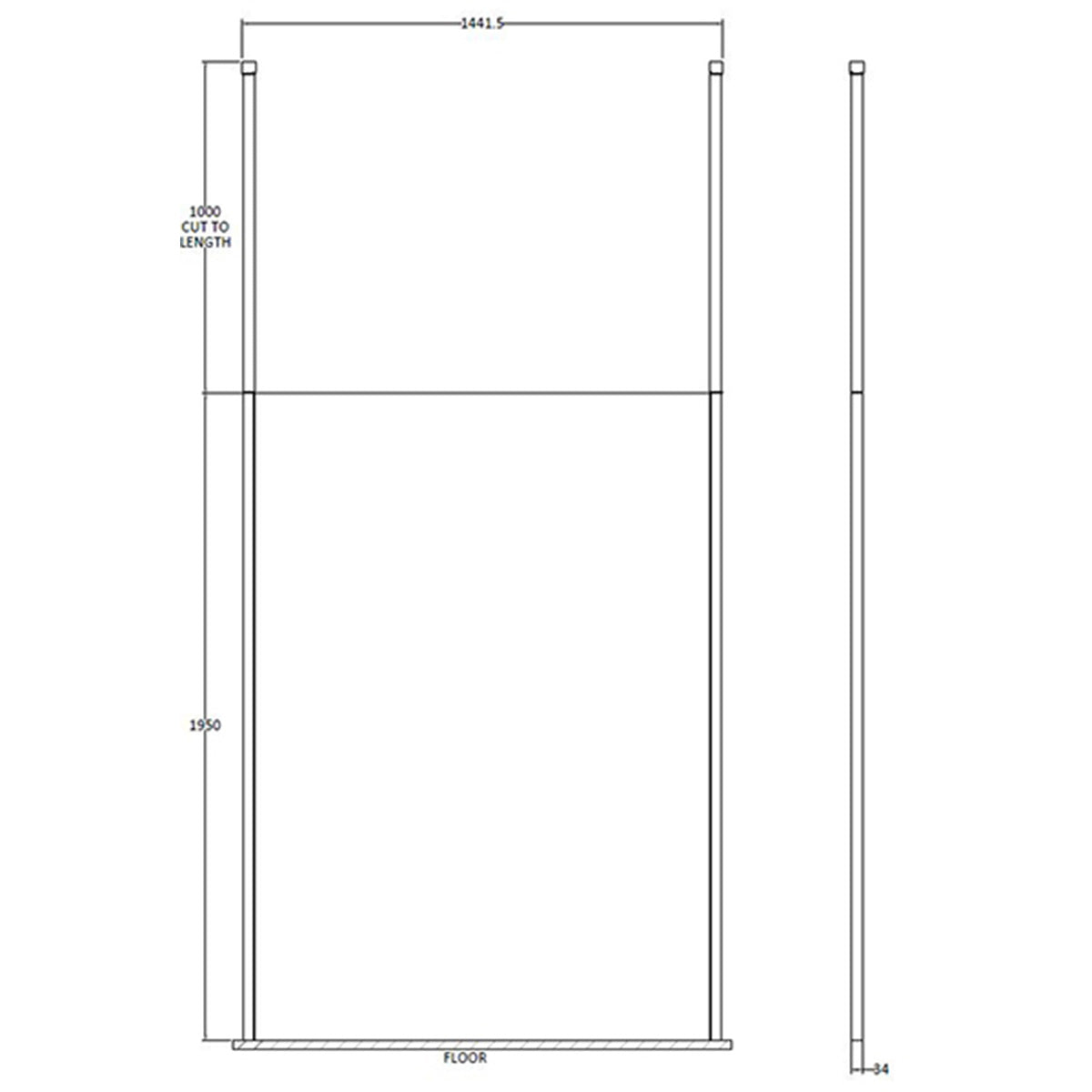 Hudson Reed 1400mm Wetroom Screen with Ceiling Post - Black BGPCP14 - Technical drawing