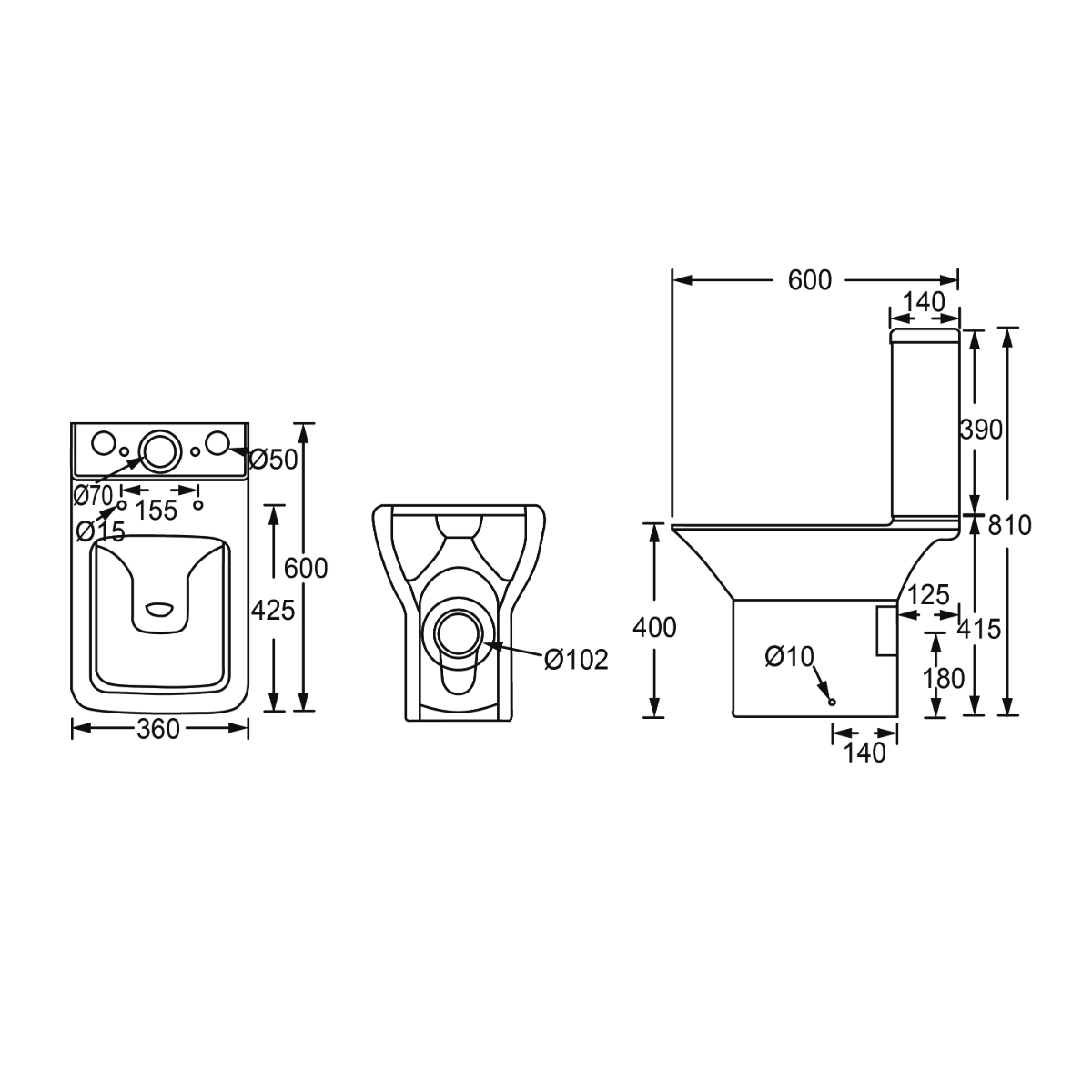 Bilbao Rimless Close Coupled Open Back Toilet with Soft Close Toilet Seat - Technical drawing
