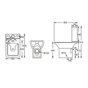Bilbao Rimless Close Coupled Open Back Toilet with Soft Close Toilet Seat - Technical drawing