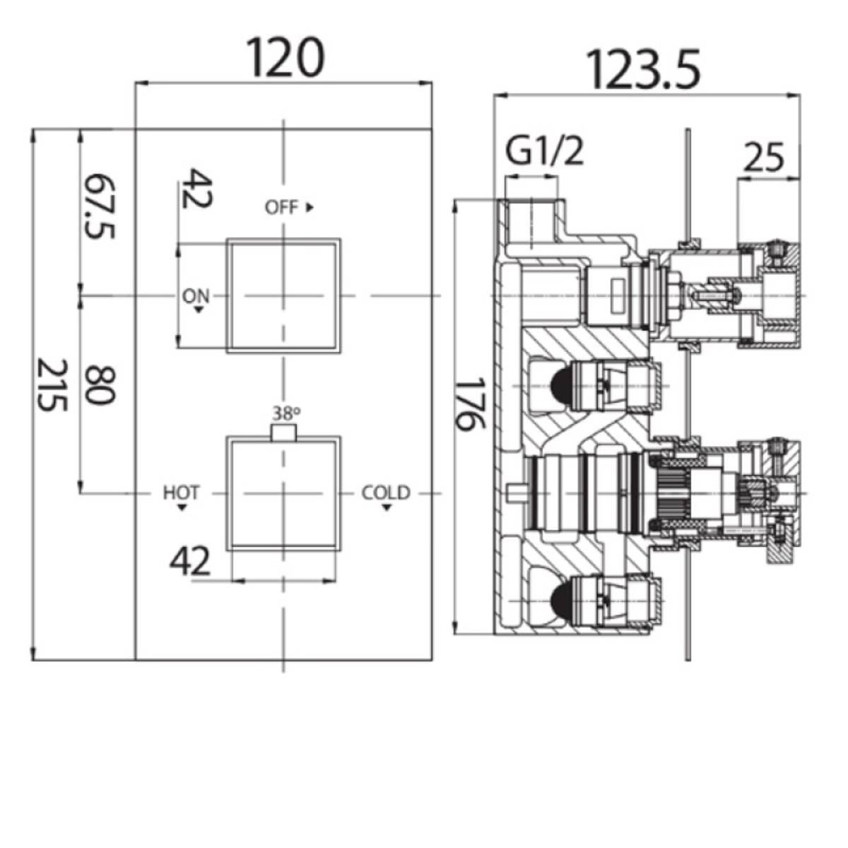 Black Twin Thermostatic Concealed Mixer Shower Kit with Ceiling Mounted 300mm Shower Head - Technical drawing