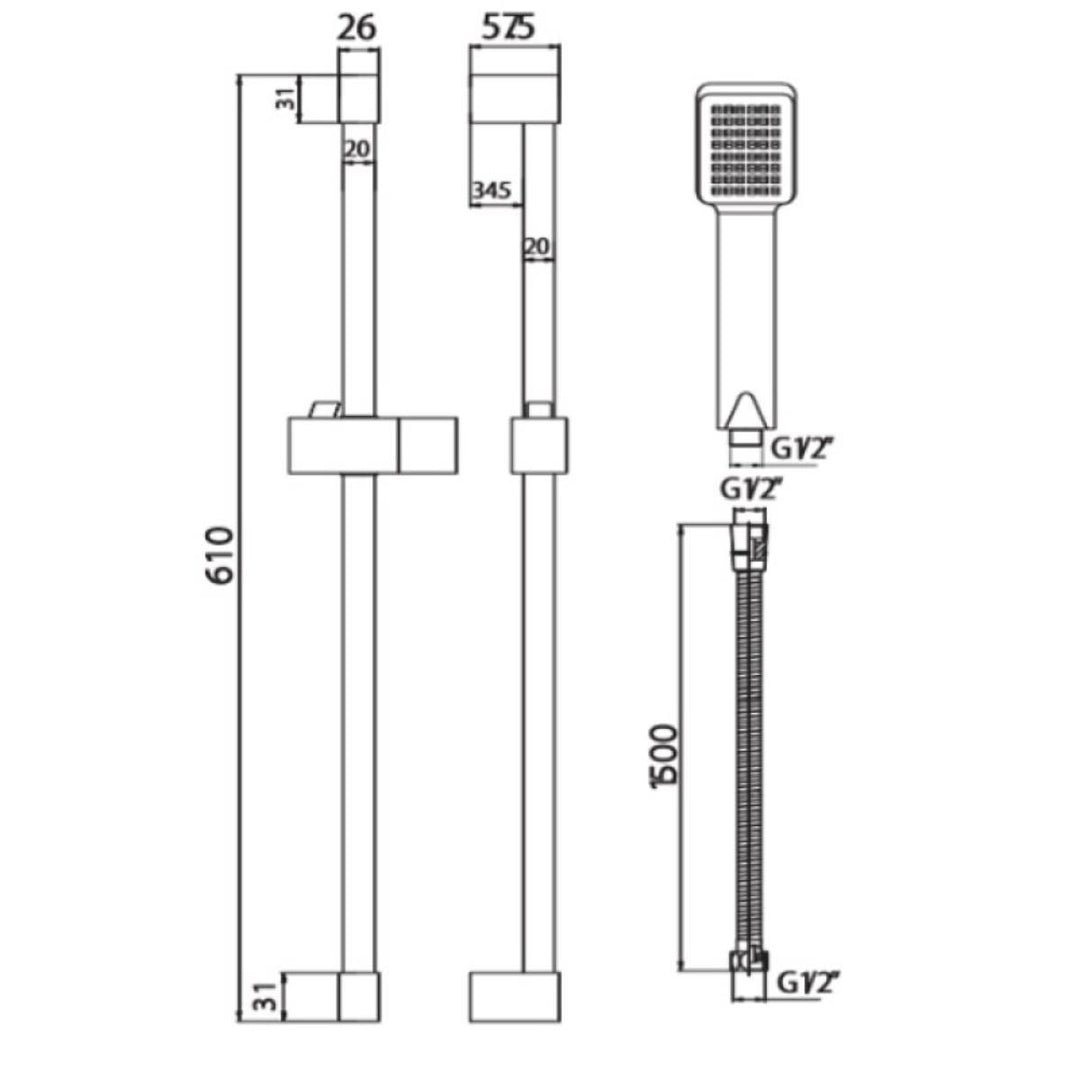 Eliseo Ricci Square Slide Rail Kit with Paddle Handset - Black