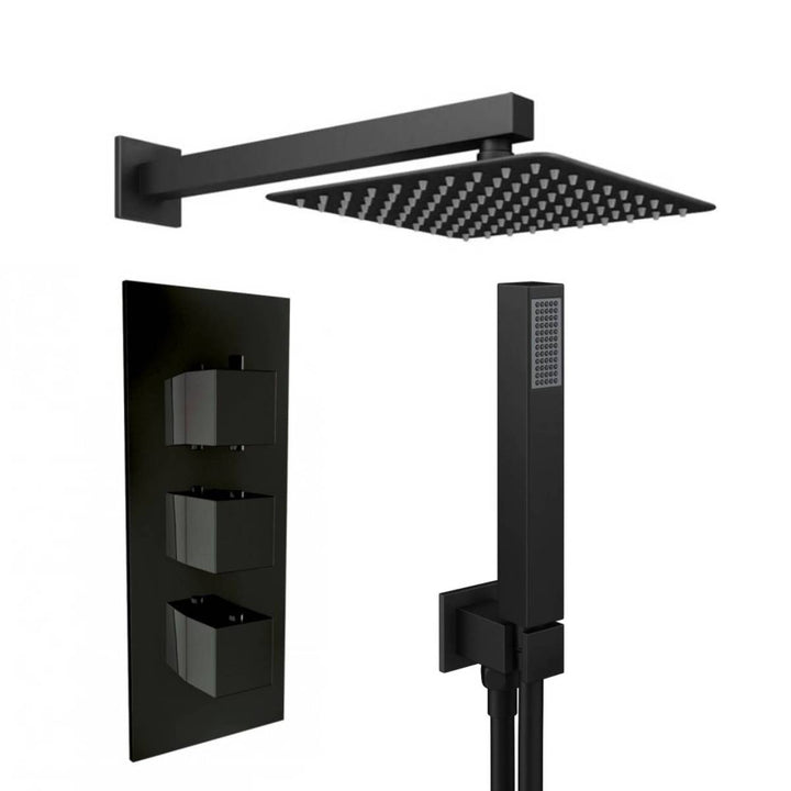 Black Triple Thermostatic Concealed Mixer Shower Kit with Wall Mounted 300mm Shower Head &amp; Handset
