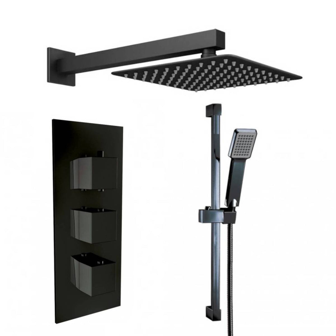 Black Triple Thermostatic Concealed Mixer Shower Kit with Wall Mounted 300mm Shower Head & Slide Rail Kit