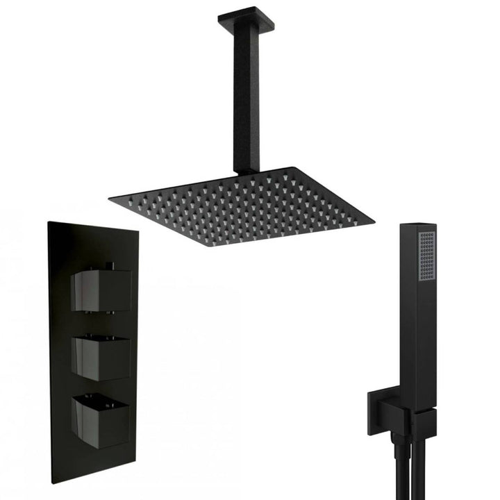 Black Triple Thermostatic Concealed Mixer Shower Kit with Ceiling Mounted 200mm Shower Head &amp; Handset