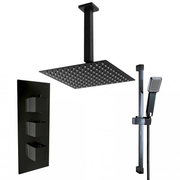 Black Triple Thermostatic Concealed Mixer Shower Kit with Ceiling Mounted 200mm Shower Head &amp; Slide Rail Kit