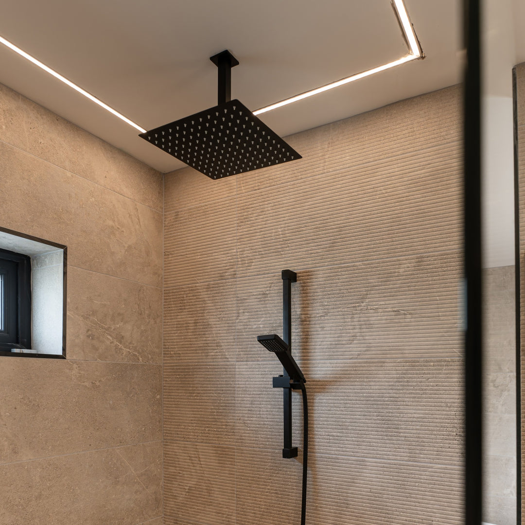 Black Triple Thermostatic Concealed Mixer Shower Kit with Ceiling Mounted 300mm Shower Head & Slide Rail Kit