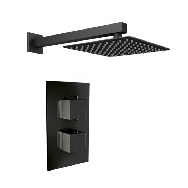 Black Twin Thermostatic Concealed Mixer Shower Kit with Wall Mounted 200mm Shower Head