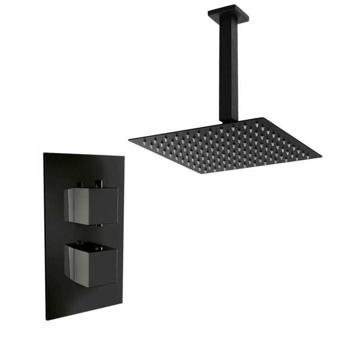 Black Twin Thermostatic Concealed Mixer Shower Kit with Ceiling Mounted 300mm Shower Head