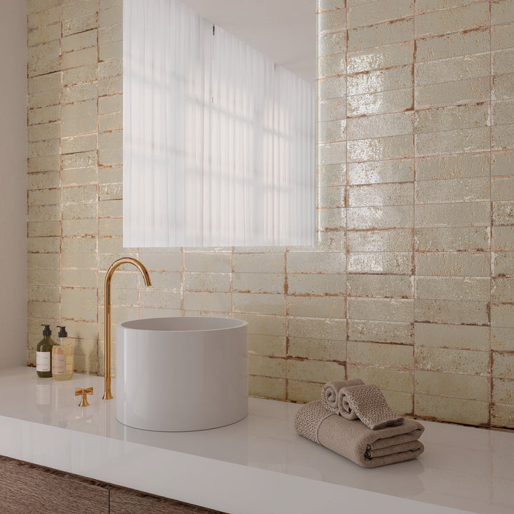 Musa Beige 6.5 x 20cm Beige Gloss Porcelain Wall Tile - 0.36sqm perbox