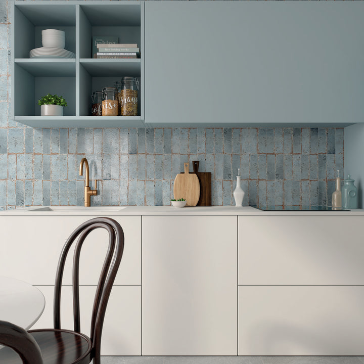 Musa Cielo Blue 6.5 x 20cm Beige Gloss Porcelain Wall Tile - 0.36sqm perbox