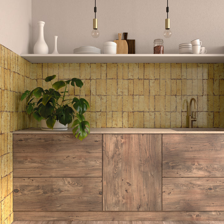 Musa Ocre Mustard 6.5 x 20cm Beige Gloss Porcelain Wall Tile - 0.36sqm perbox