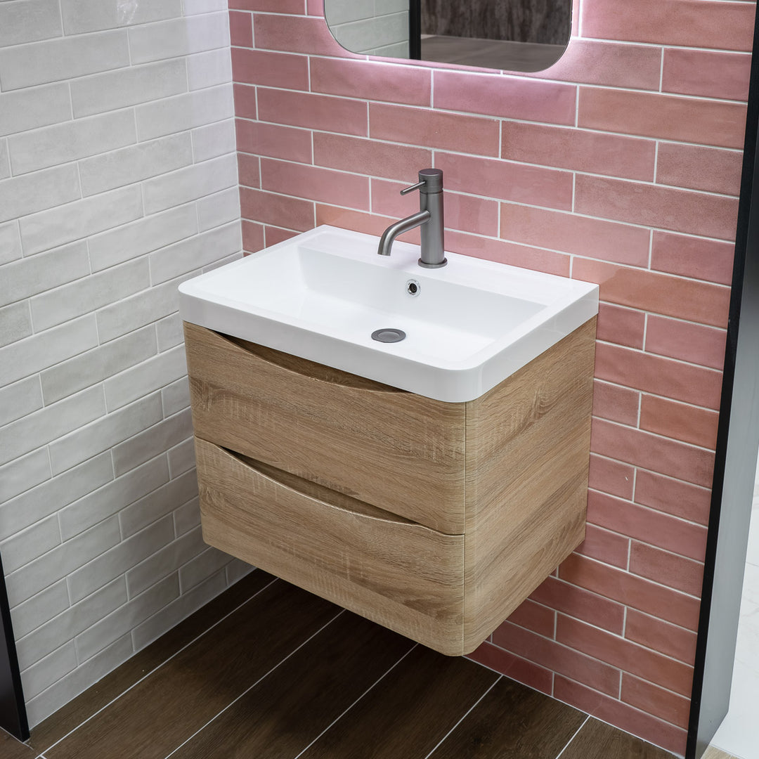 Baltimore 600mm Wall Hung Vanity Unit &amp; Basin - Bardolino Oak