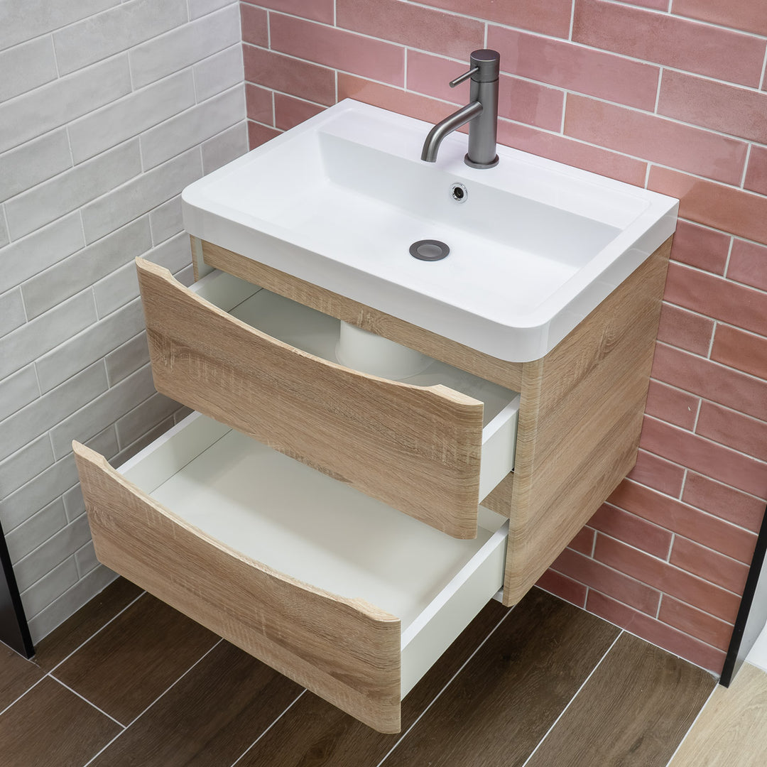 Baltimore 600mm Wall Hung Vanity Unit &amp; Basin - Bardolino Oak