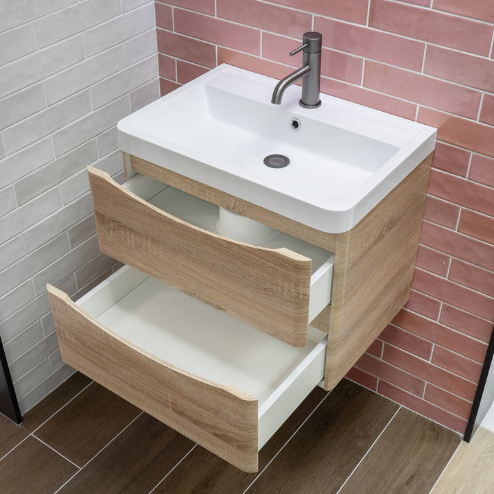 Baltimore 600mm Wall Hung Vanity Unit &amp; Basin - Bardolino Oak
