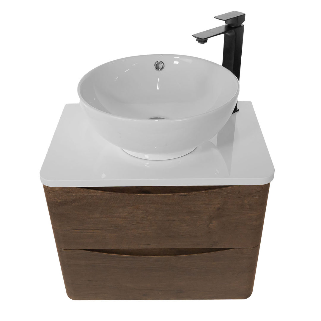 Baltimore 600mm Wall Hung Vanity Unit, Worktop, Basin &amp; Black Tap - Chestnut
