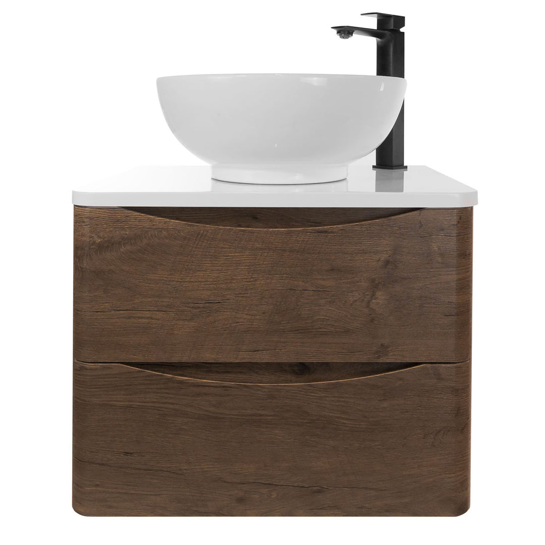 Baltimore 600mm Wall Hung Vanity Unit, Worktop, Basin &amp; Black Tap - Chestnut