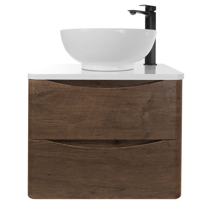 Baltimore 600mm Wall Hung Vanity Unit, Worktop, Basin &amp; Black Tap - Chestnut