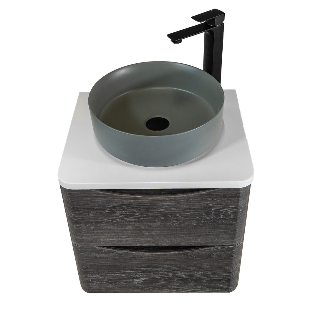 Baltimore 600mm Wall Hung Vanity Unit, Worktop, Grey Basin &amp; Black Tap - Graphite Oak