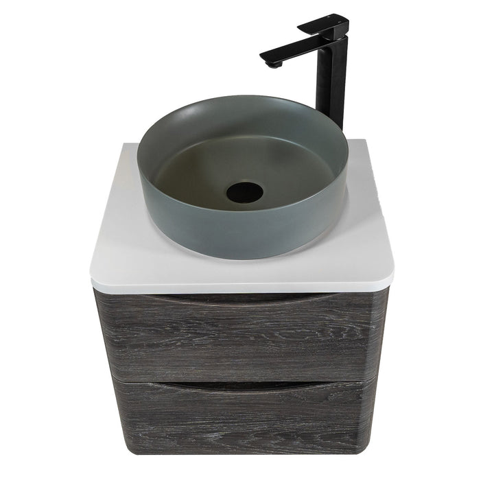 Baltimore 600mm Wall Hung Vanity Unit, Worktop, Grey Basin &amp; Black Tap - Graphite Oak