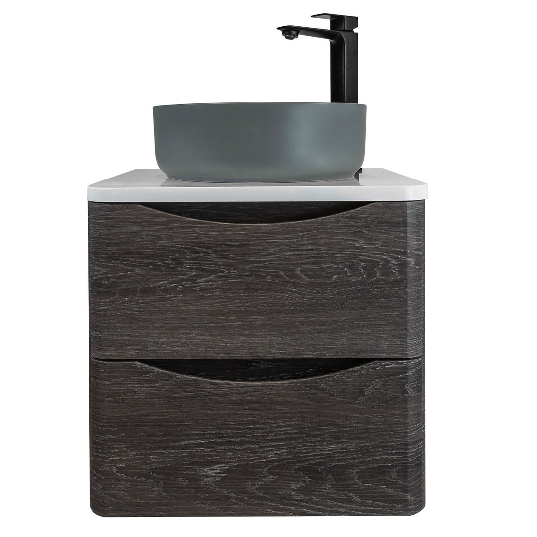 Baltimore 600mm Wall Hung Vanity Unit, Worktop, Grey Basin &amp; Black Tap - Graphite Oak