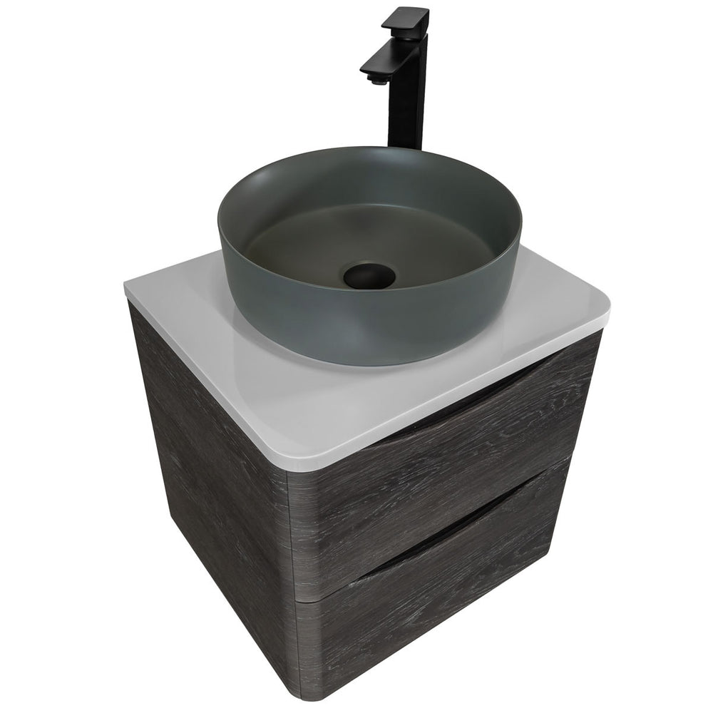 Baltimore 600mm Wall Mounted Vanity Unit, Worktop, Basin & Black Tap - Chestnut