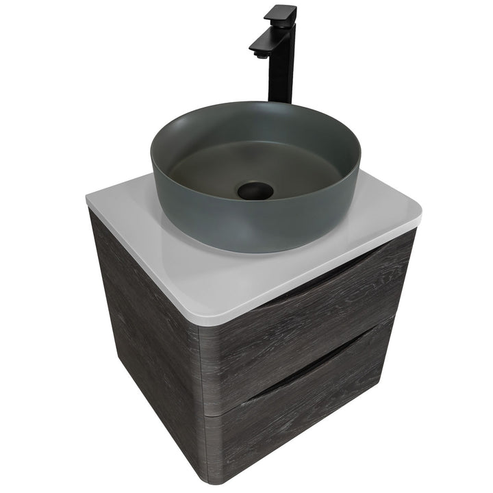Baltimore 600mm Wall Hung Vanity Unit, Worktop, Grey Basin &amp; Black Tap - Graphite Oak