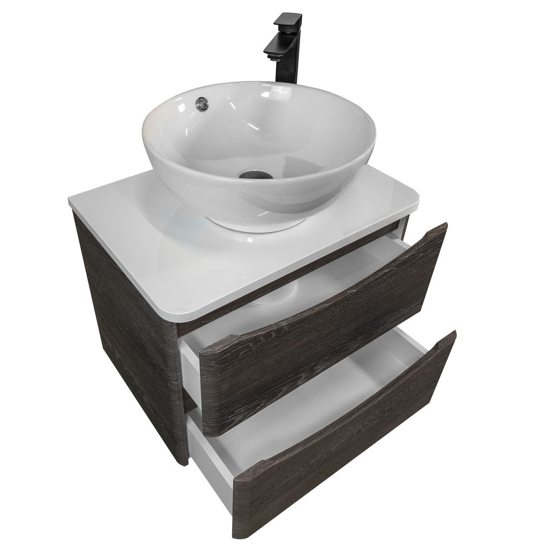 Baltimore 600mm Wall Hung Vanity Unit, Worktop, Basin &amp; Black Tap - Graphite Oak
