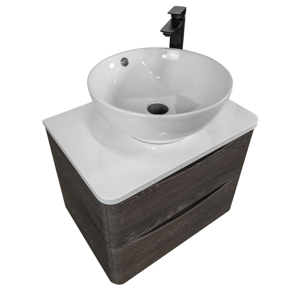 Baltimore 600mm Wall Mounted Vanity Unit, Worktop, Grey Basin & Black Tap - Graphite Oak
