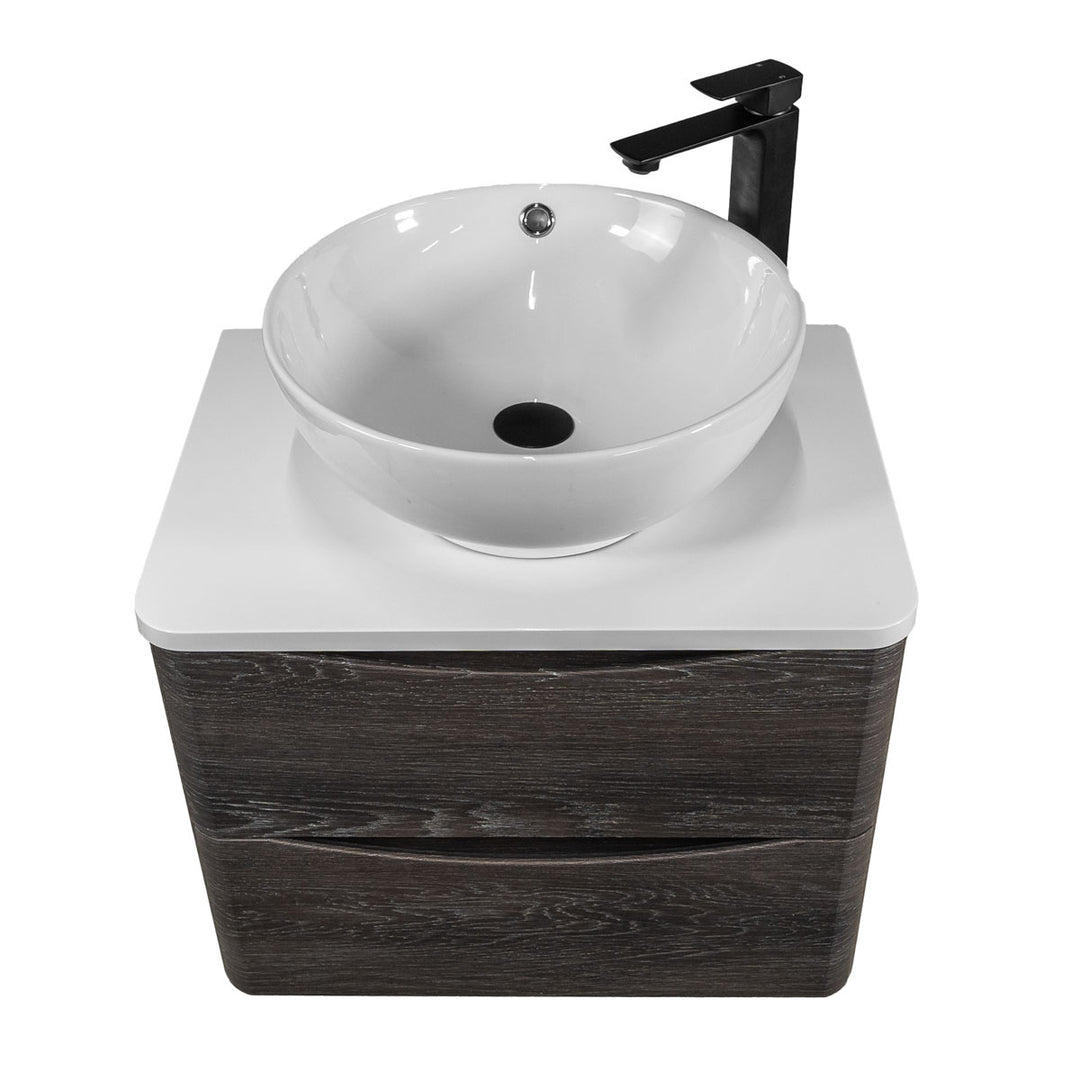 Baltimore 600mm Wall Hung Vanity Unit, Worktop, Basin &amp; Black Tap - Graphite Oak