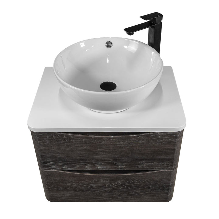 Baltimore 600mm Wall Hung Vanity Unit, Worktop, Basin &amp; Black Tap - Graphite Oak