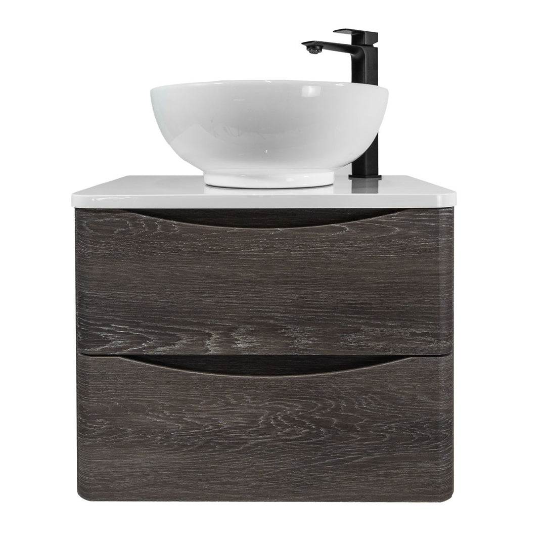 Baltimore 600mm Wall Hung Vanity Unit, Worktop, Basin &amp; Black Tap - Graphite Oak