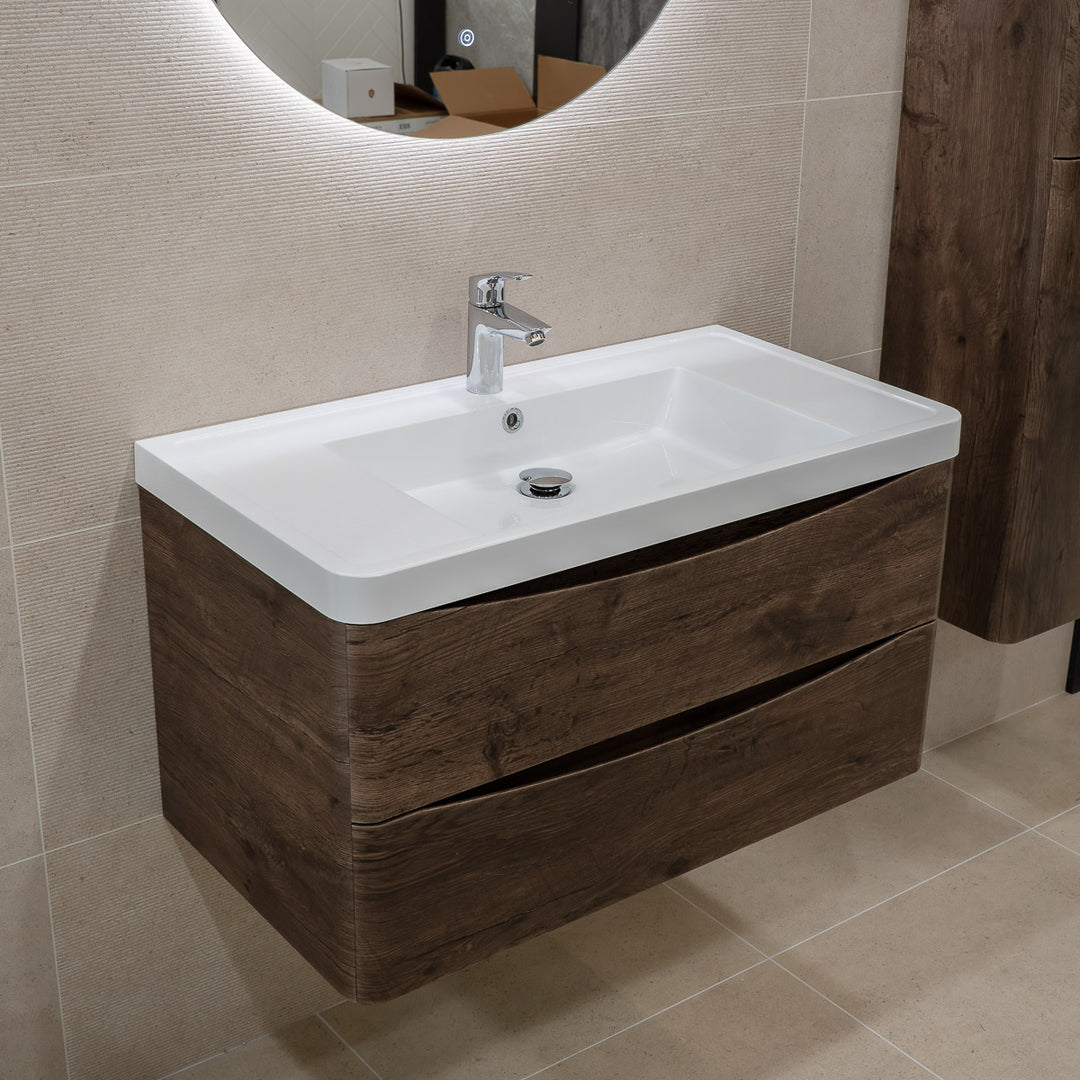 Baltimore 900mm Wall Hung Vanity Unit &amp; Basin - Chestnut