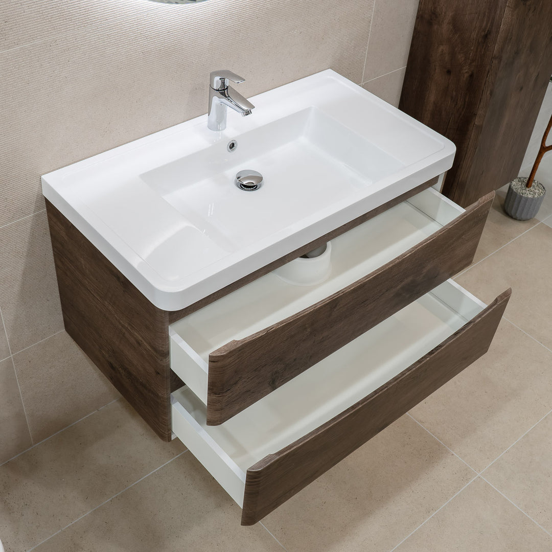 Baltimore 900mm Wall Hung Vanity Unit &amp; Basin - Chestnut