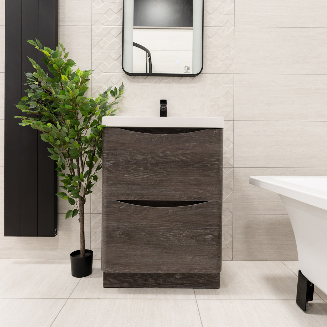 Baltimore 600mm Floor Standing Vanity Unit &amp; Basin - Graphite Oak